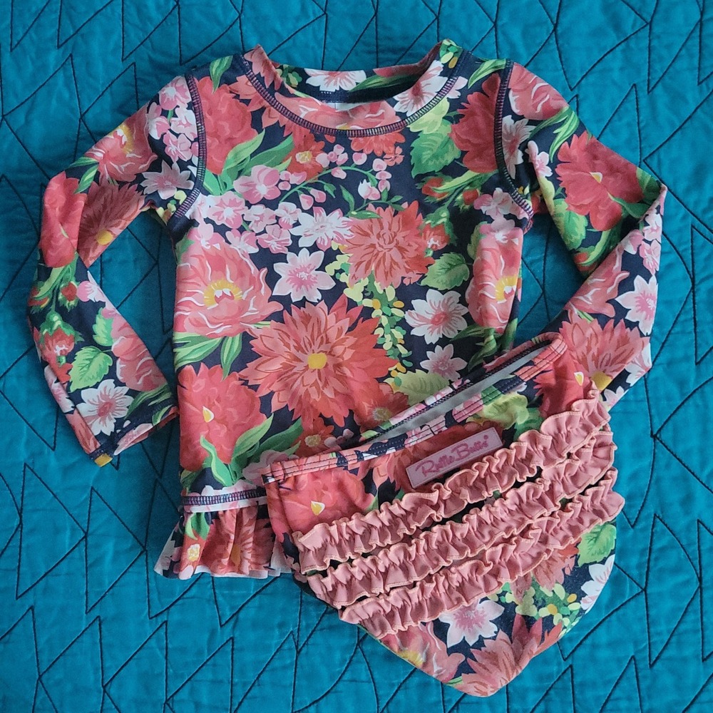 RuffleButts 2T Sunset Garden Floral Rash Guard & Bottoms‎ Swimsuit 2 Pc Set